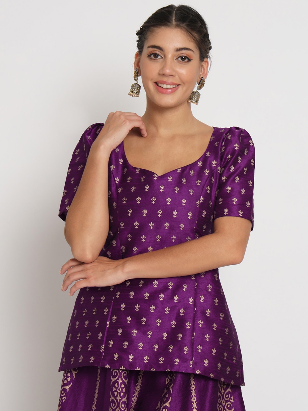 

studio rasa Ethnic Motifs Print Sweetheart Neck Puff Sleeved Top, Purple