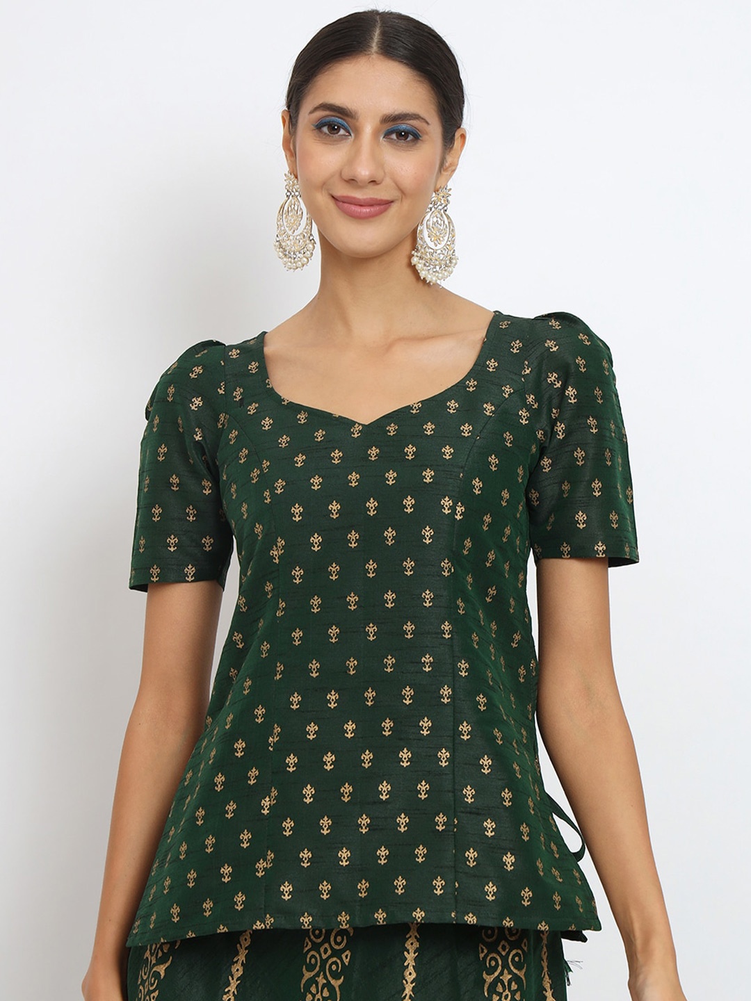 

studio rasa Ethnic Motifs Print Sweetheart Neck Puff Sleeved Top, Green