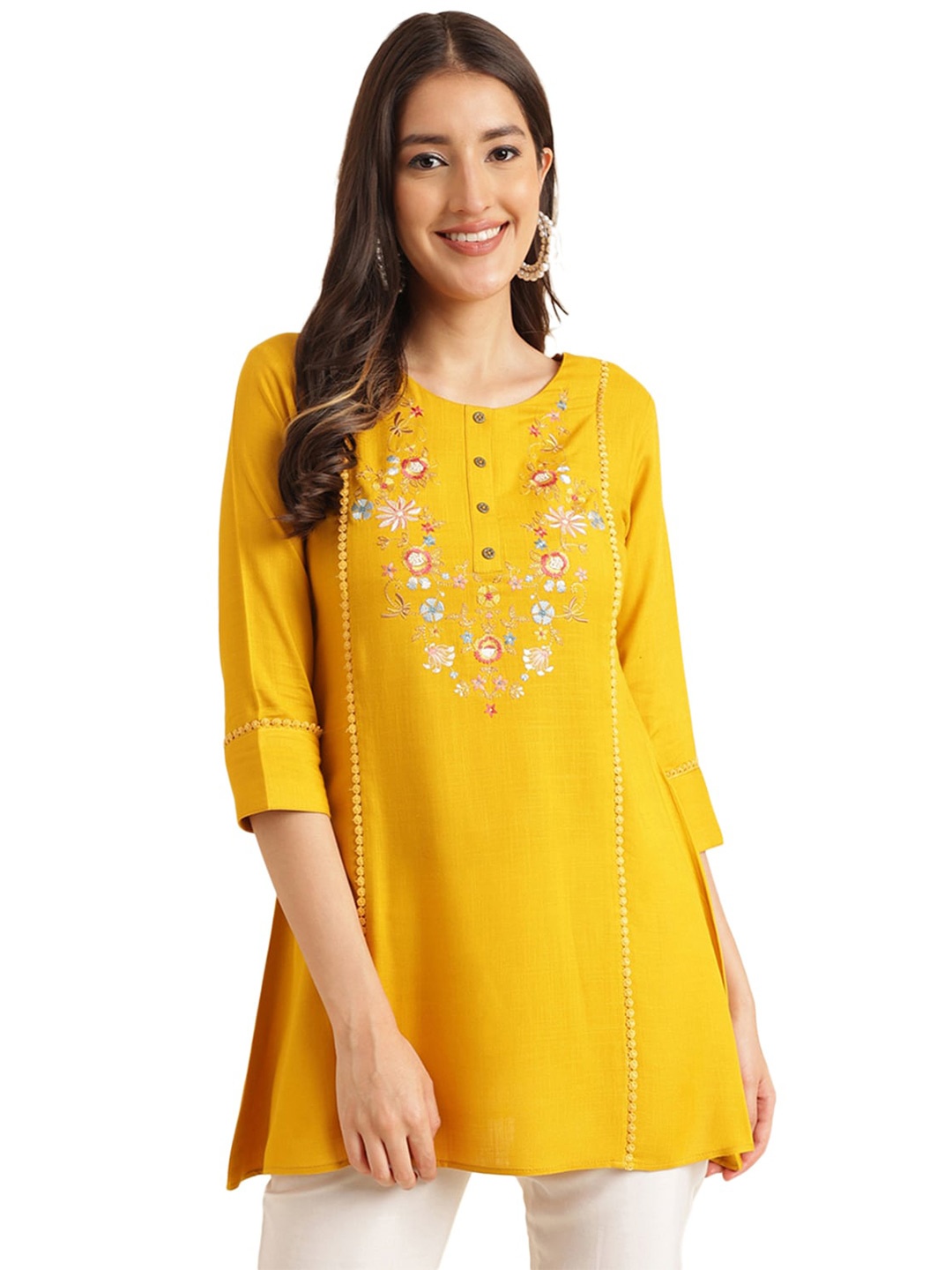 

Nimayaa Floral Embroidered Straight Kurti, Mustard