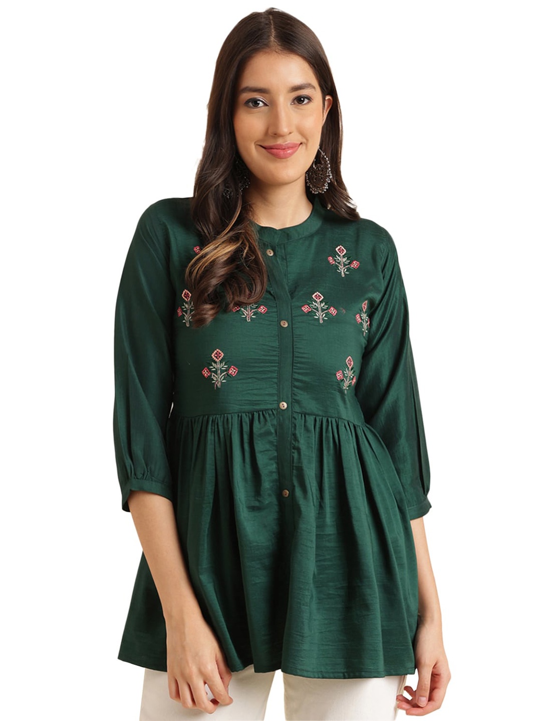

Nimayaa Ethnic Motifs Embroidered A-Line Kurti, Green