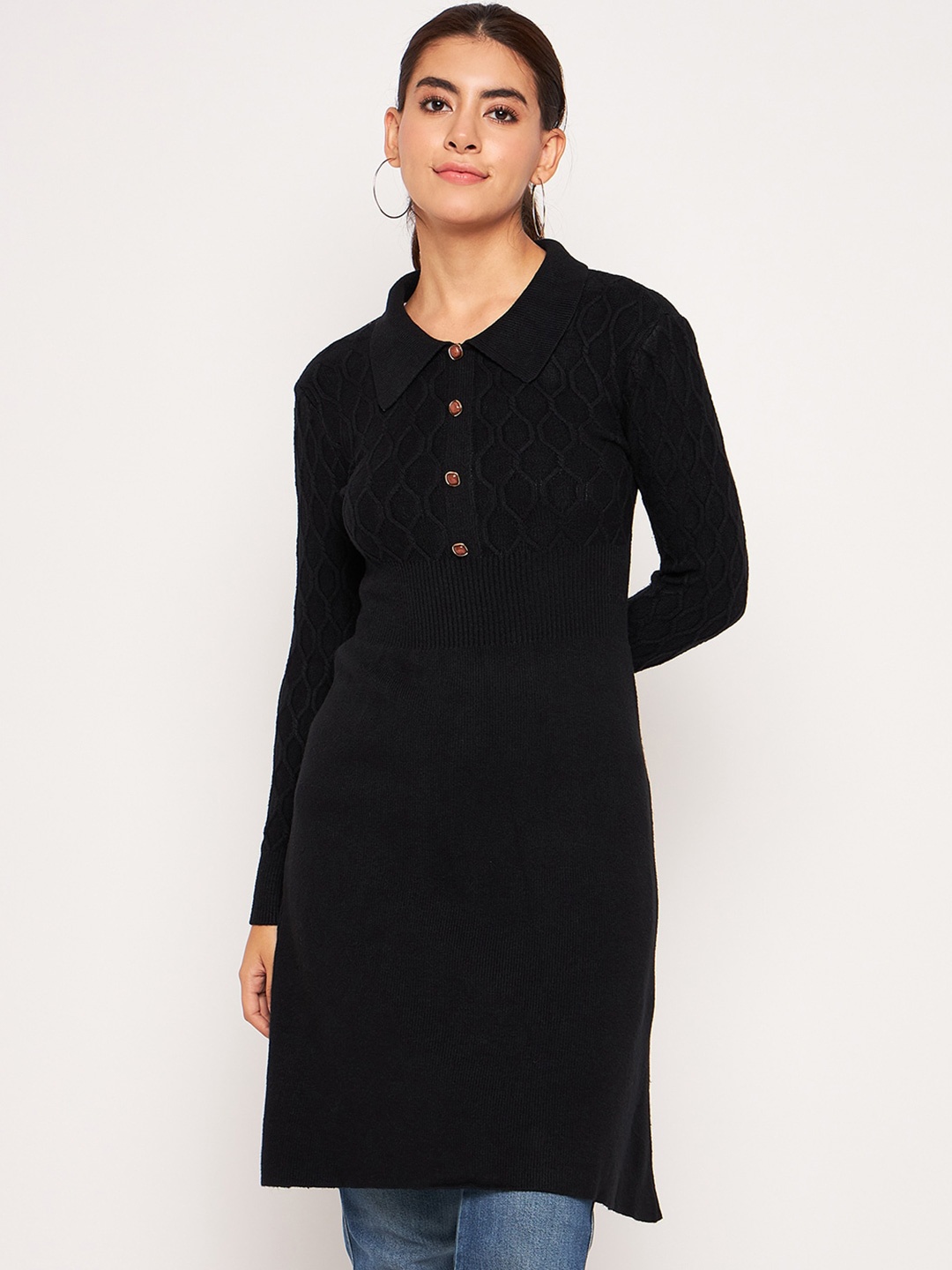 

Camey Self Design Shirt Collar Woollen Tunic, Black