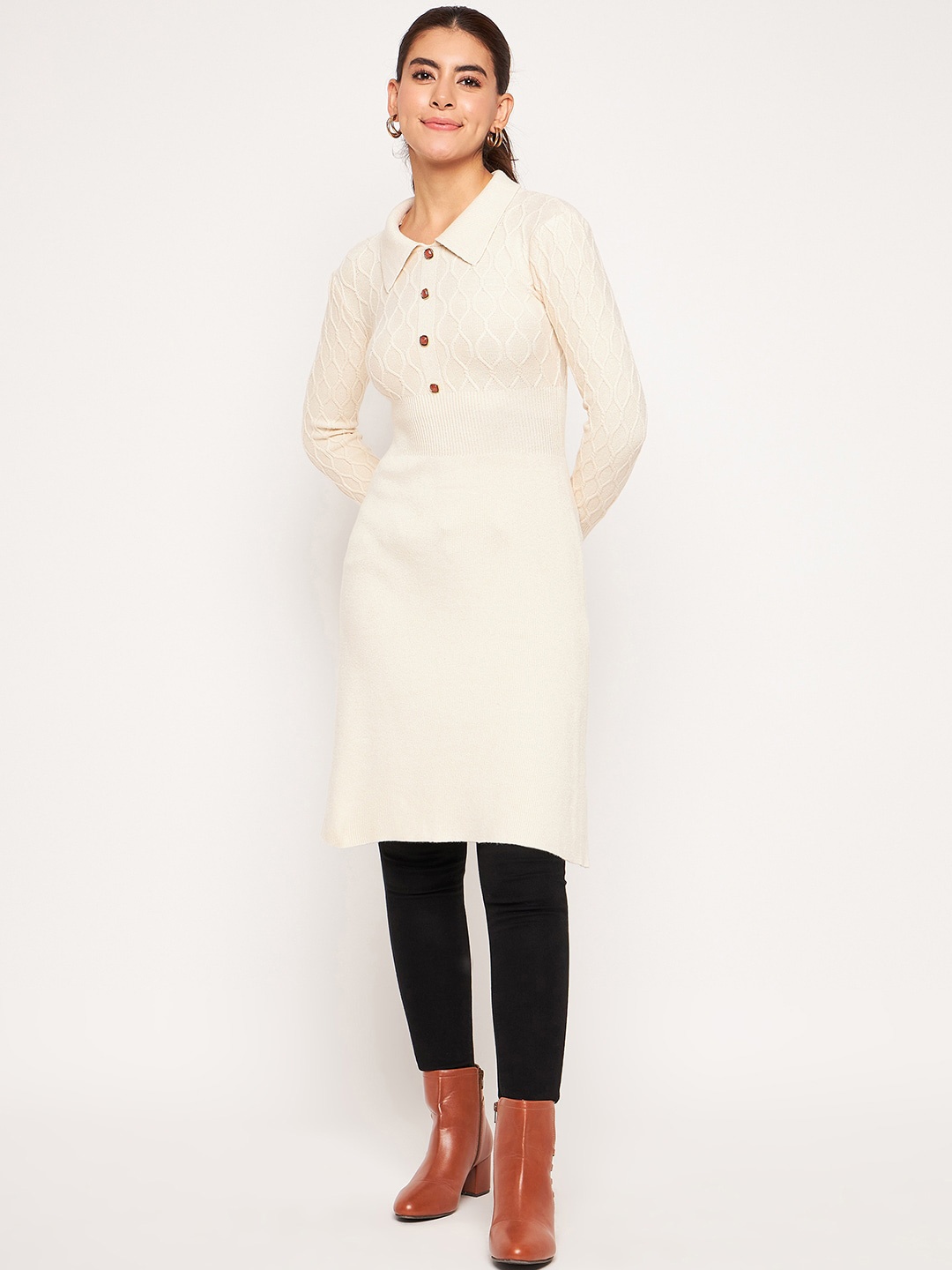 

Camey Self Design Shirt Collar Woollen Tunic, Cream