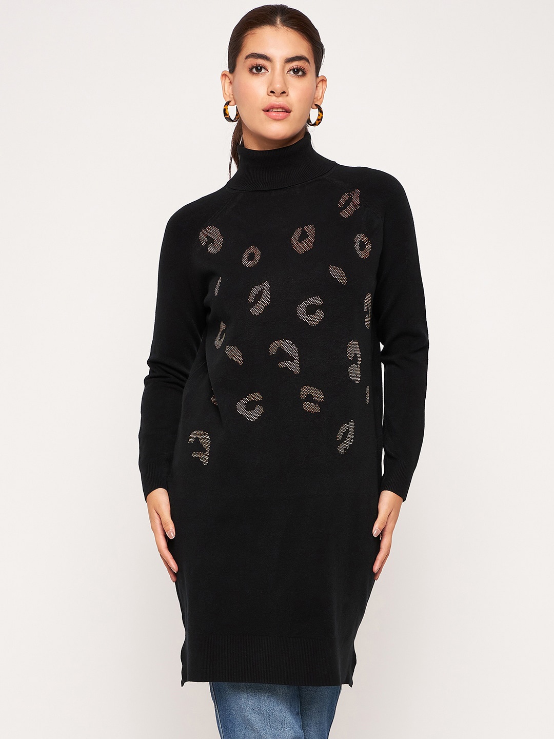 

Camey Abstract Printed High Neck Woollen Tunic, Black