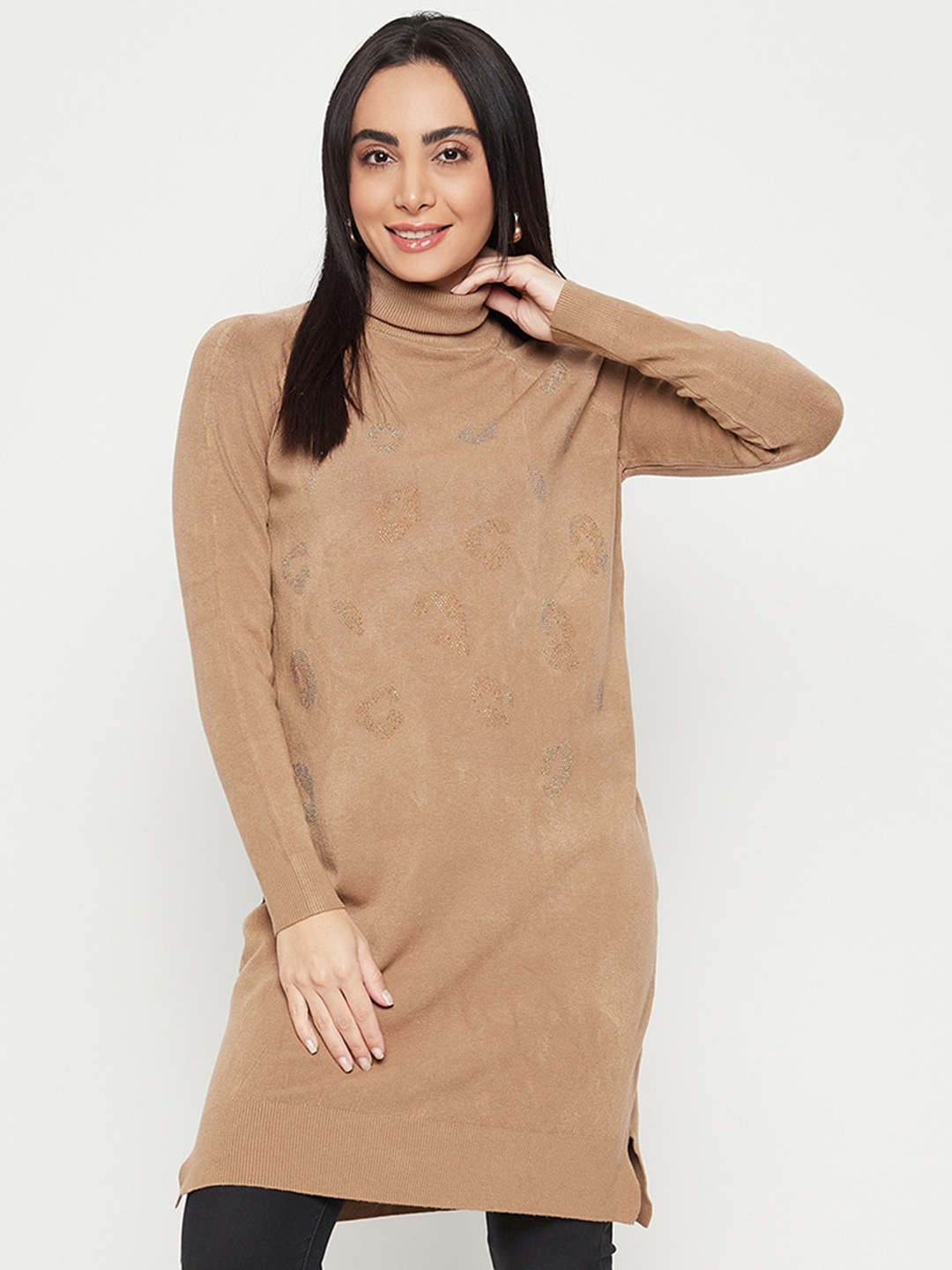 

Camey Embellished Turtle Neck Woollen Pullover, Beige