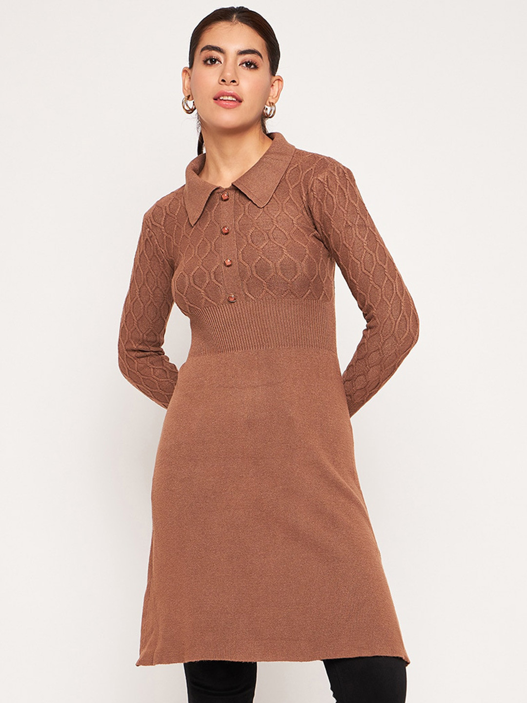 

Camey Self Design Shirt Collar Woollen Tunic, Brown
