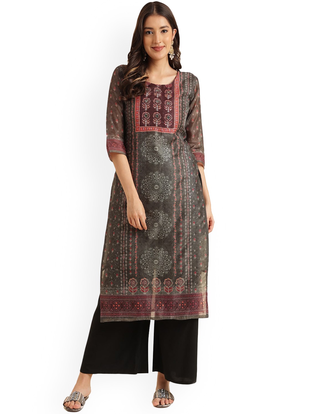 

Nimayaa Ethnic Motifs Printed Mirror Work Kurta, Olive