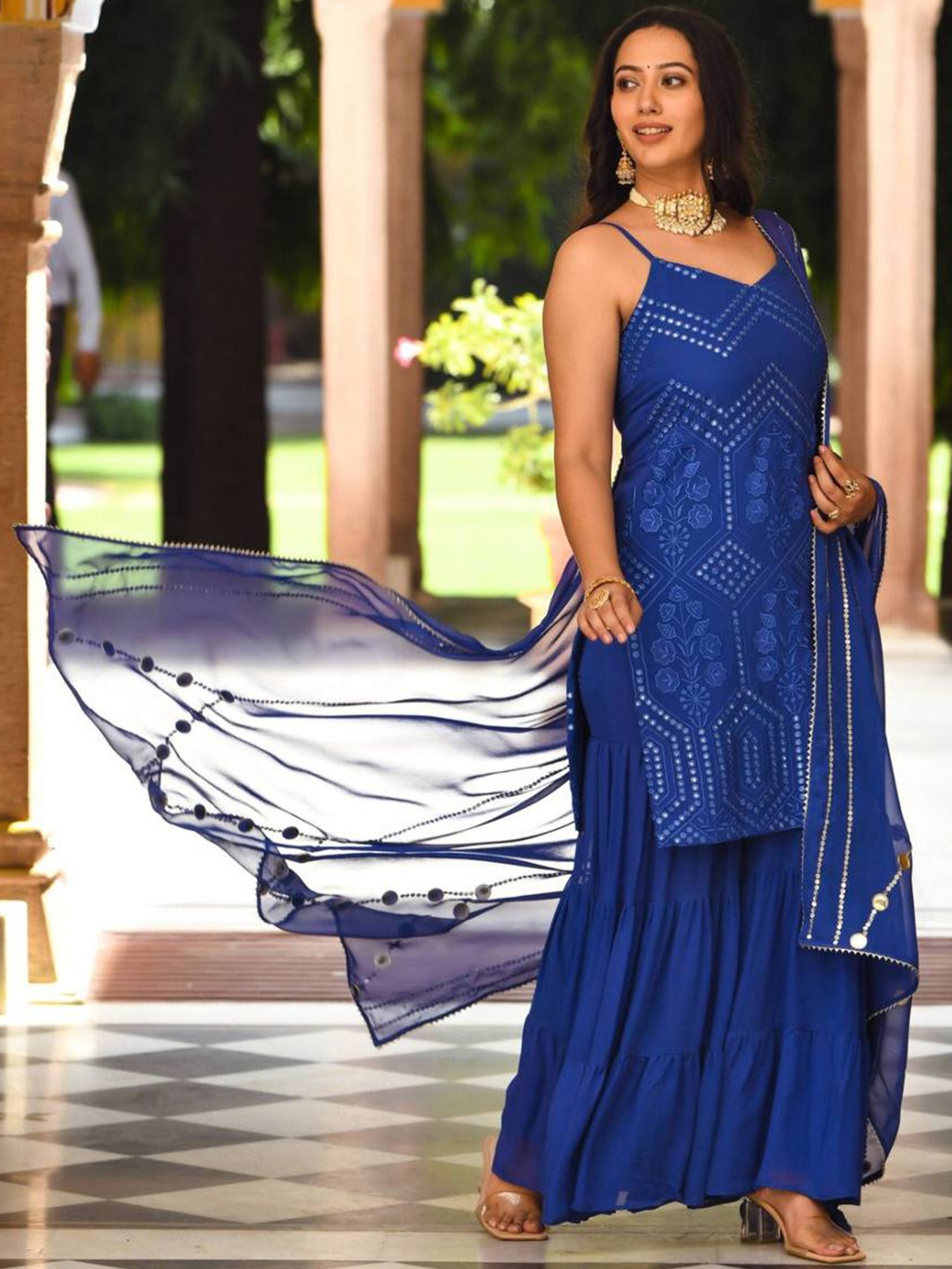 

KALINI Embroidered Mirror Work Kurta with Sharara & Dupatta, Blue