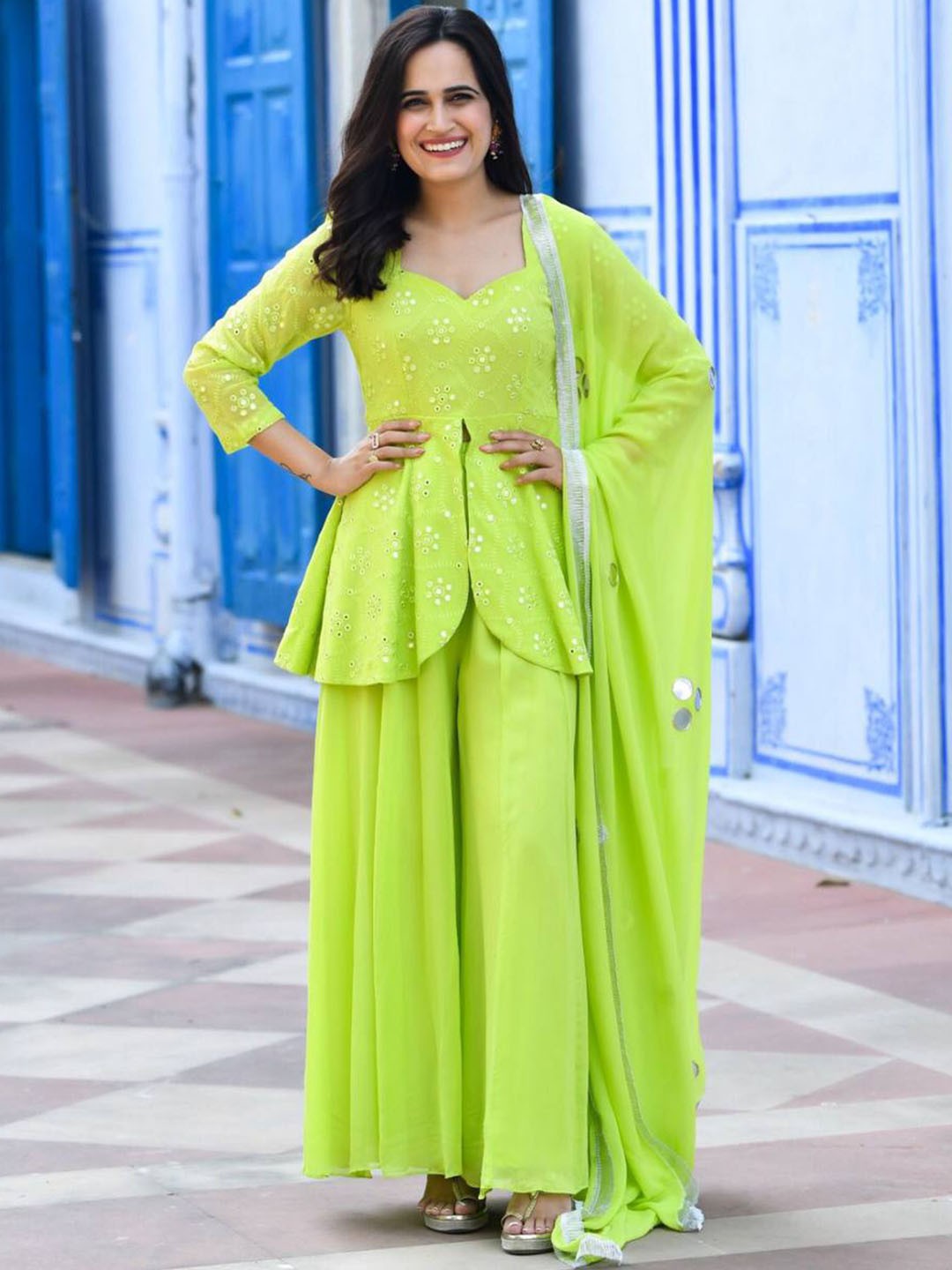 

KALINI Ethnic Motifs Embroidered Mirror Work A-Line Kurti With Palazzos & Dupatta, Green