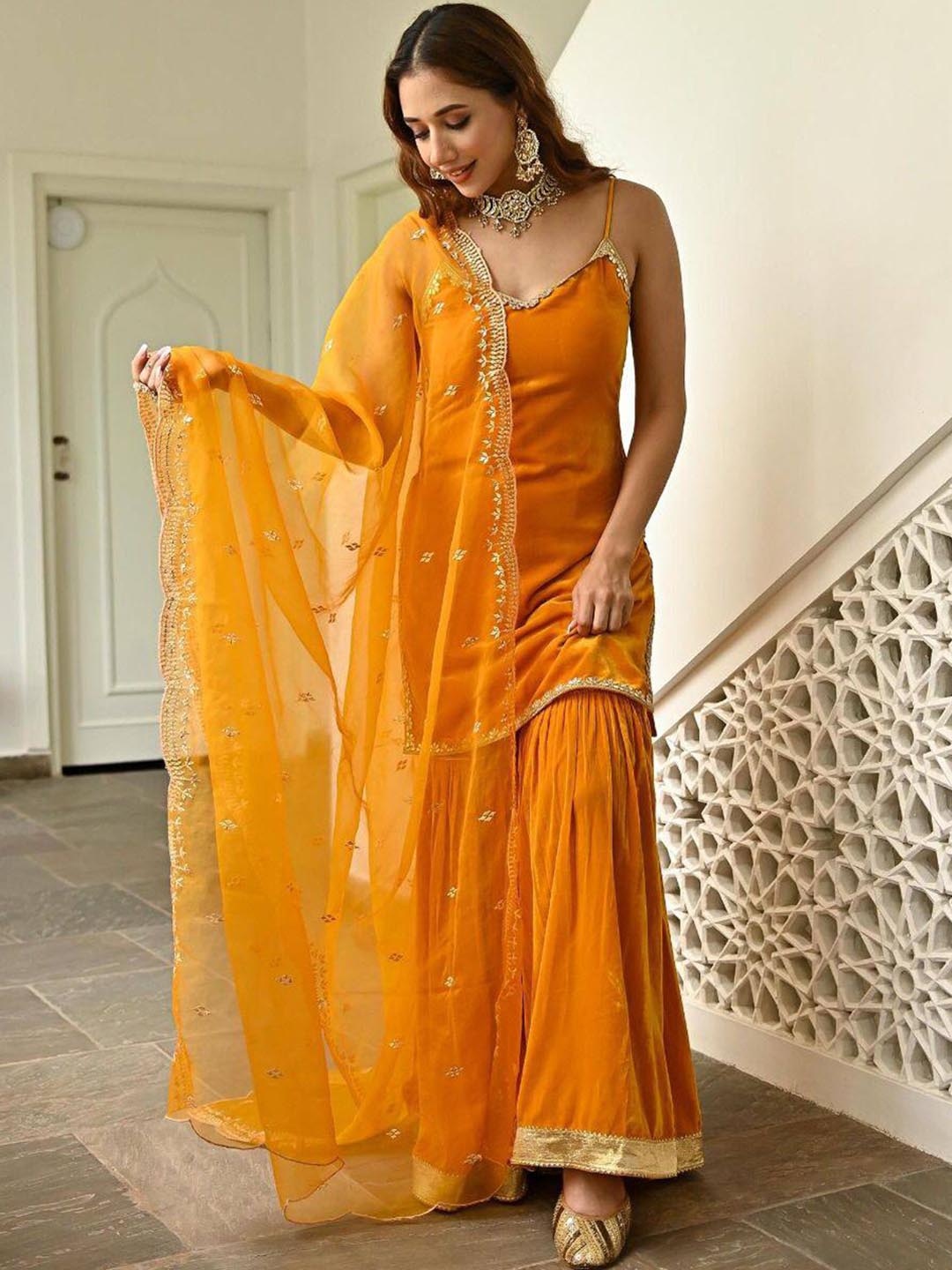 

KALINI Shoulder Strap Neck Thread Work Kurta with Sharara & With Dupatta, Yellow