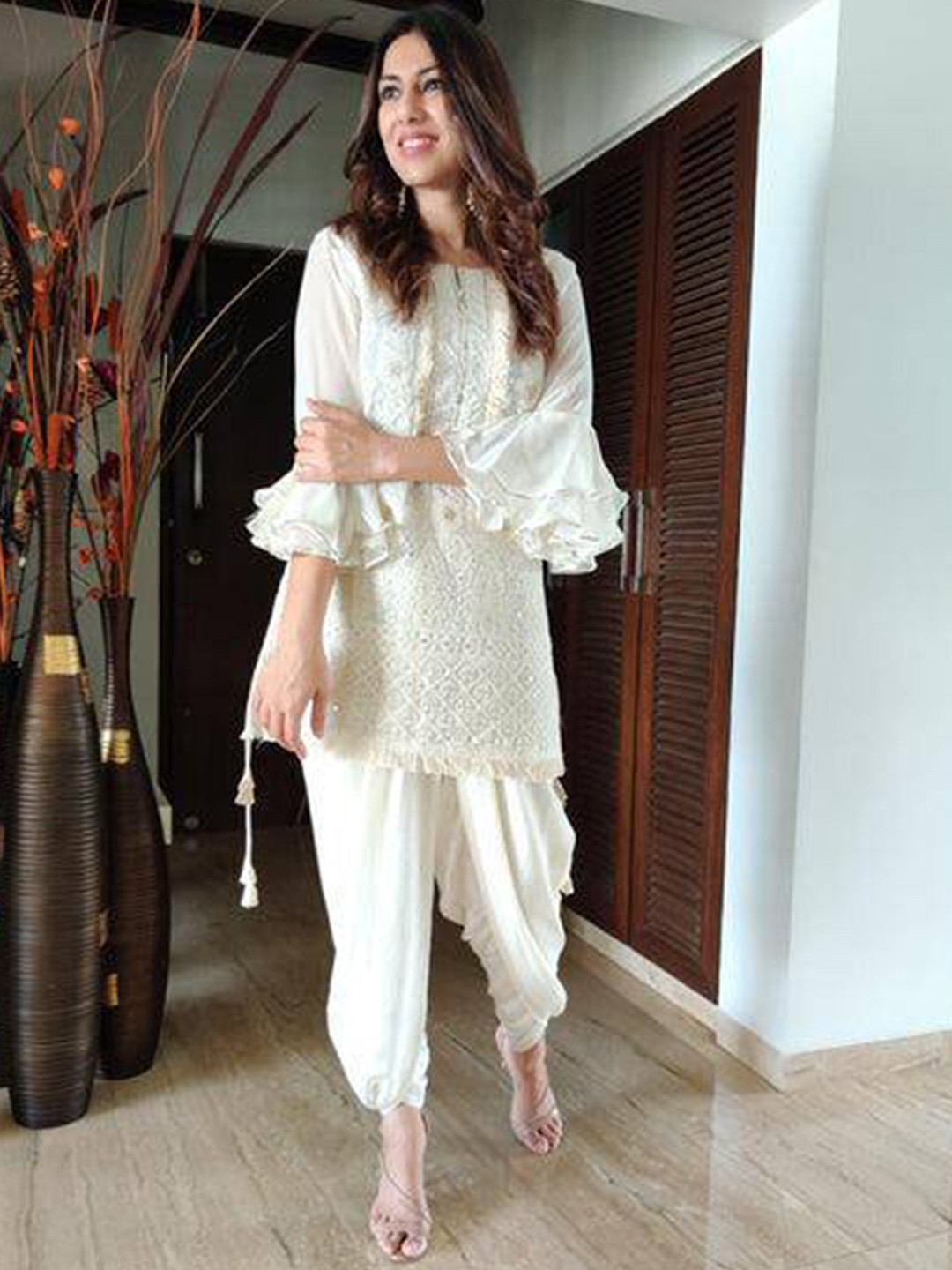 

KALINI Floral Embroidered Regular Sequinned Kurti with Dhoti Pants, White