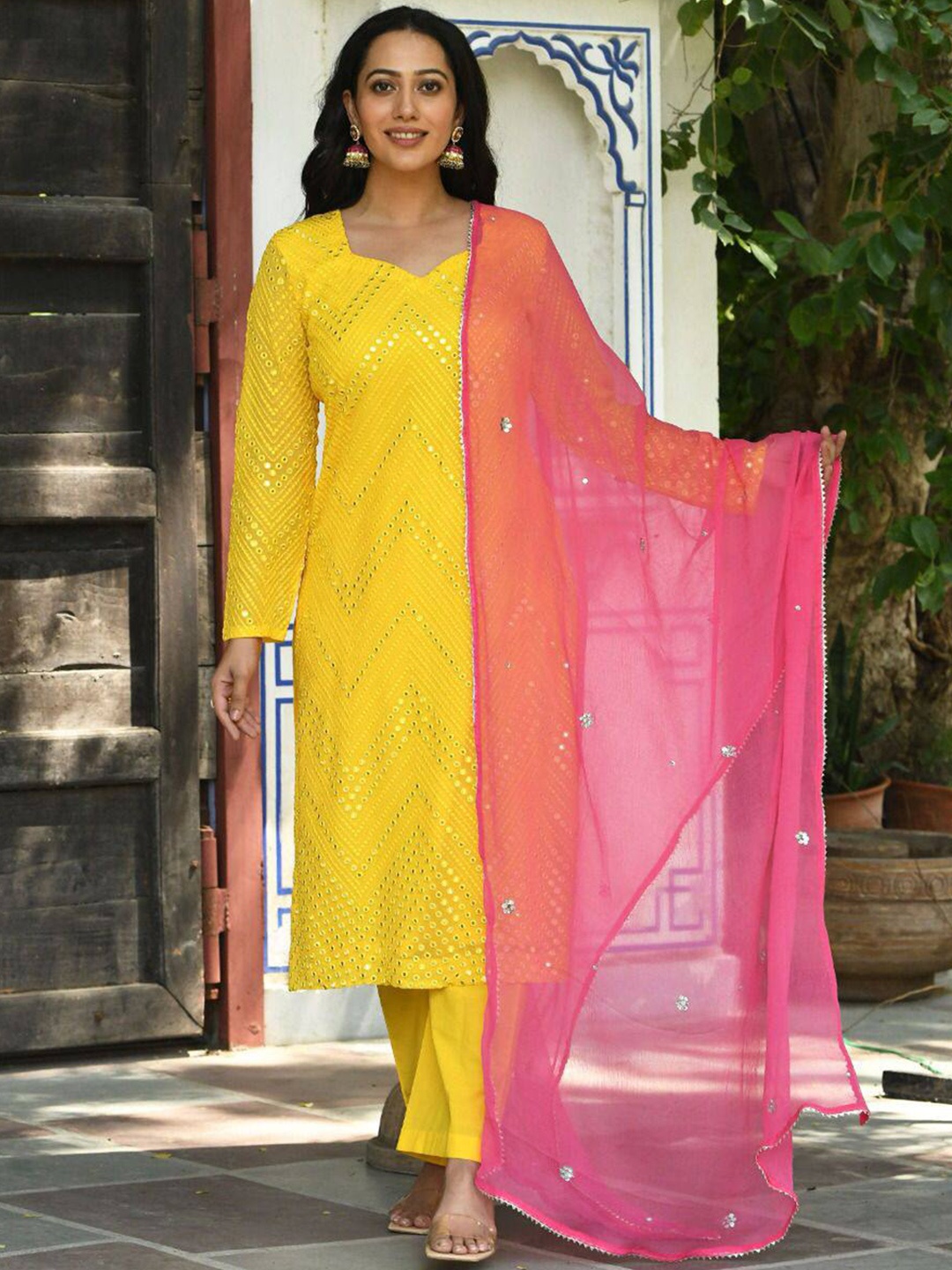 

KALINI Embroidered Mirror Work Kurta with Trousers & Dupatta, Yellow