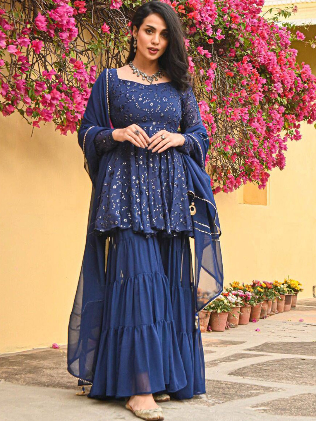 

KALINI Floral Embroidered Empire Sequinned Kurta with Sharara & Dupatta, Navy blue