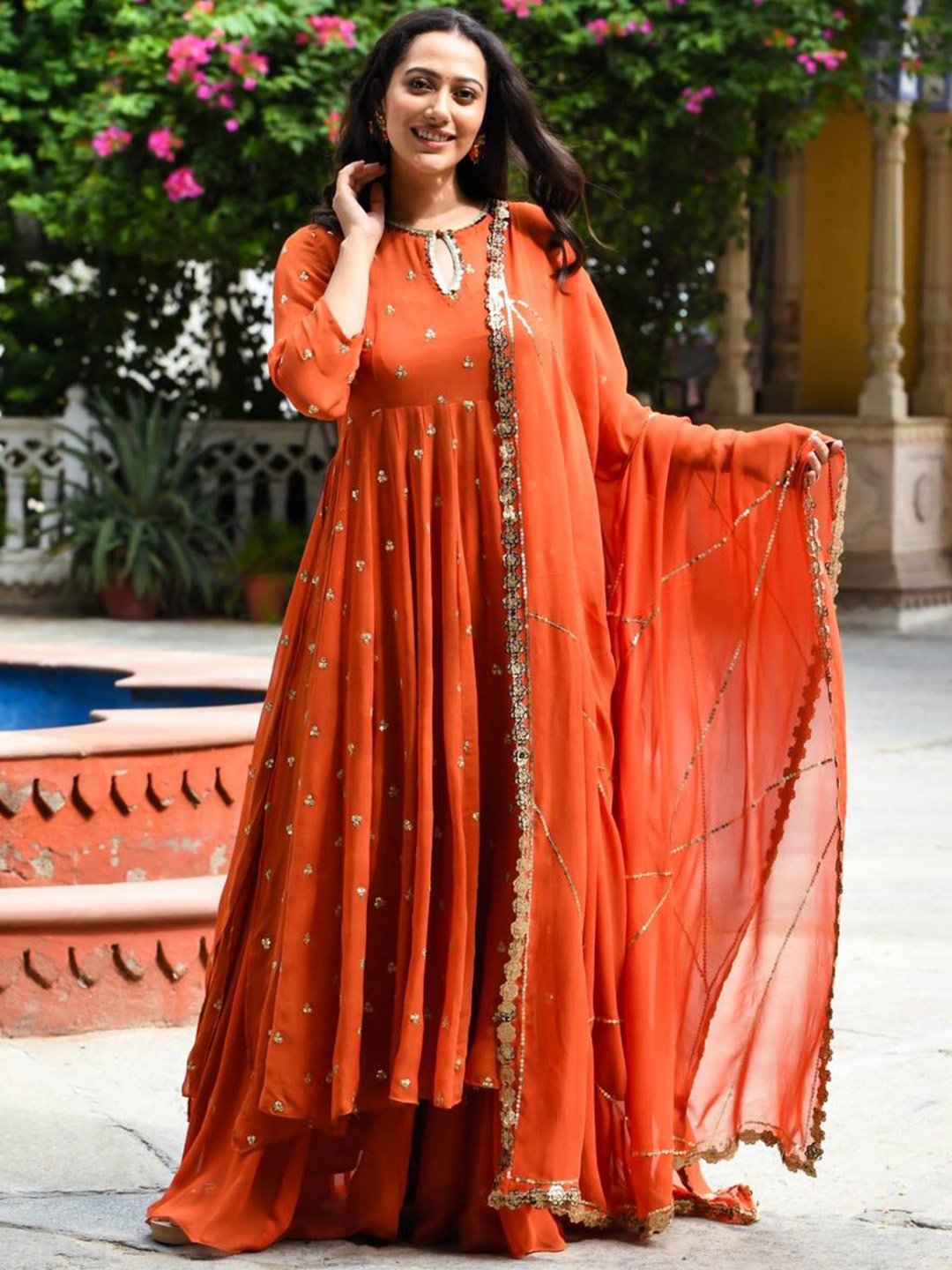 

KALINI Floral Embroidered Empire Sequinned Kurta with Palazzos & Dupatta, Brown
