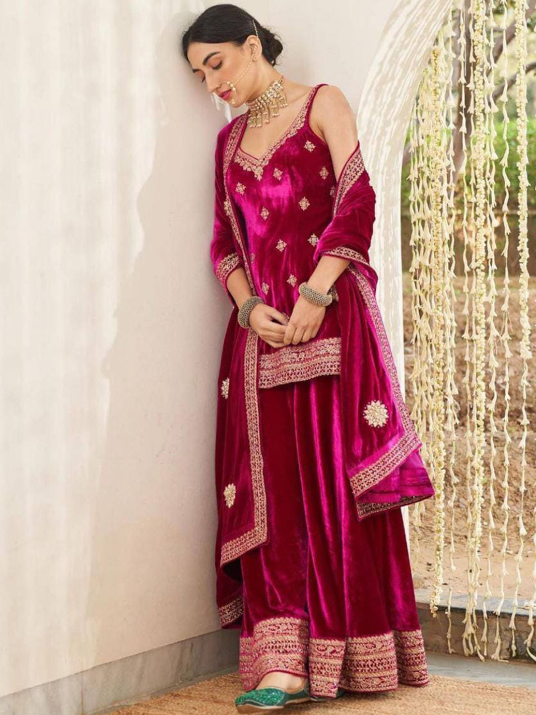 

KALINI Ethnic Embroidered Regular Thread Work Velvet Kurta With Sharara & Dupatta, Pink