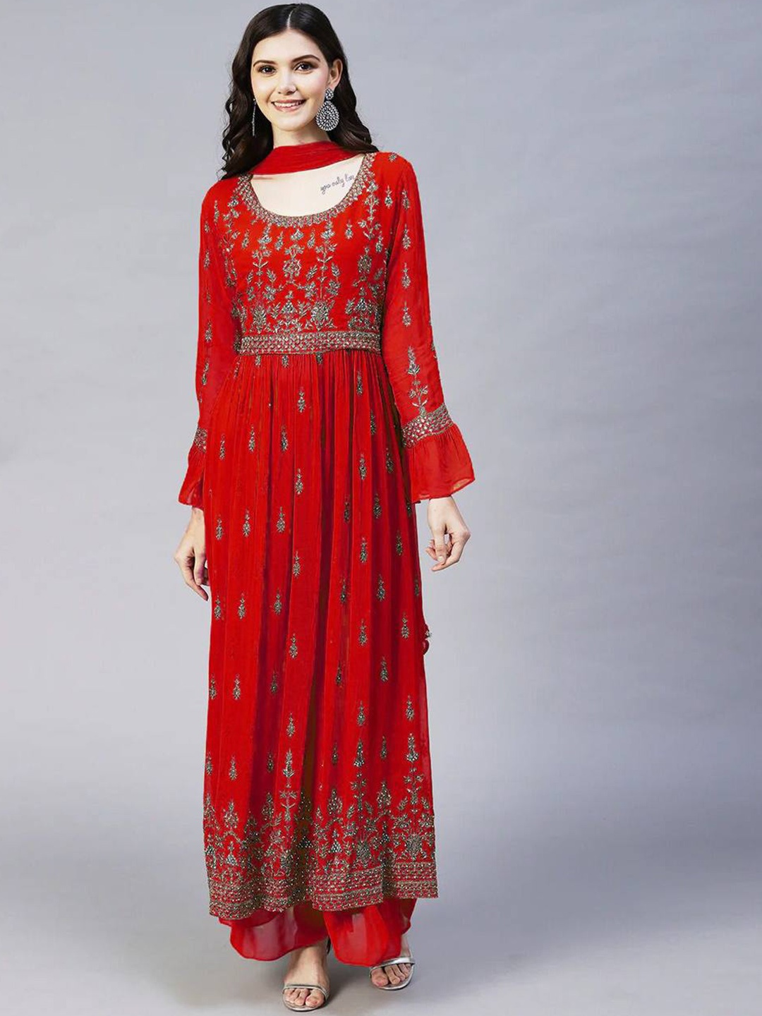 

KALINI Floral Embroidered Pleated Beads and Stones Kurta with Sharara & Dupatta, Red