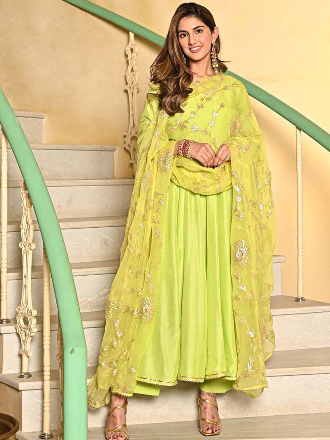 

KALINI Sequinned Kurta with Trousers & Dupatta, Green