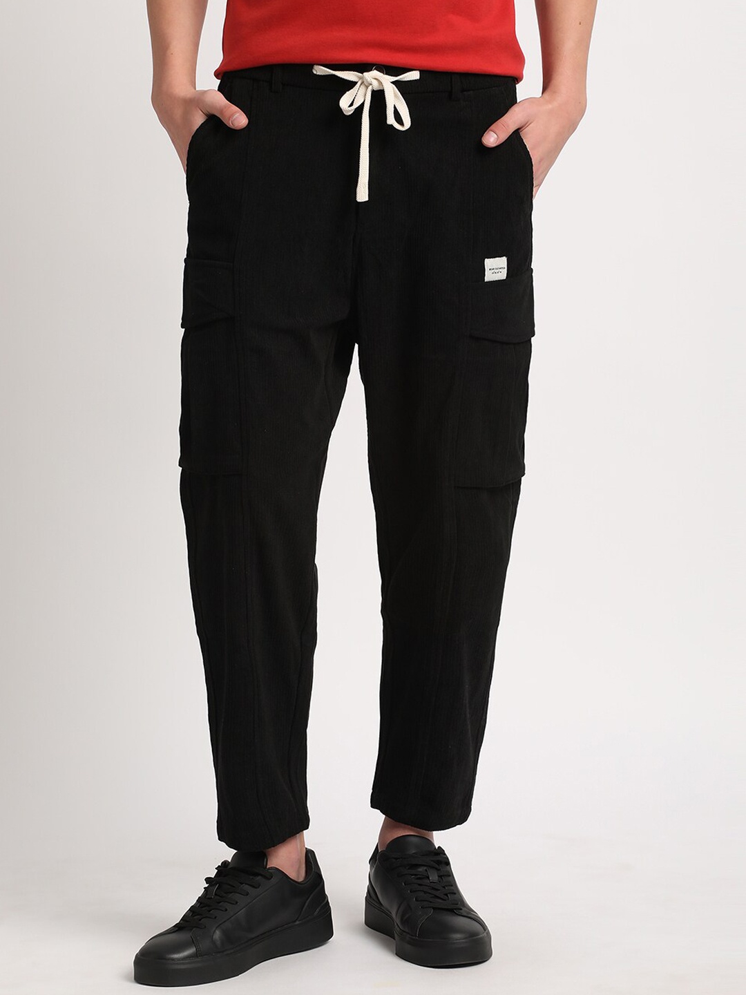 

THE BEAR HOUSE Men Relaxed Loose Fit Corduroy Cotton Cargos Trousers, Black