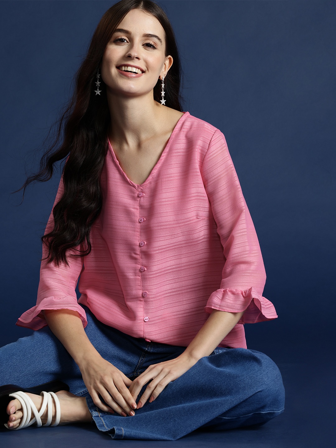 

Mast & Harbour Striped Flared Sleeve Georgette Top, Pink