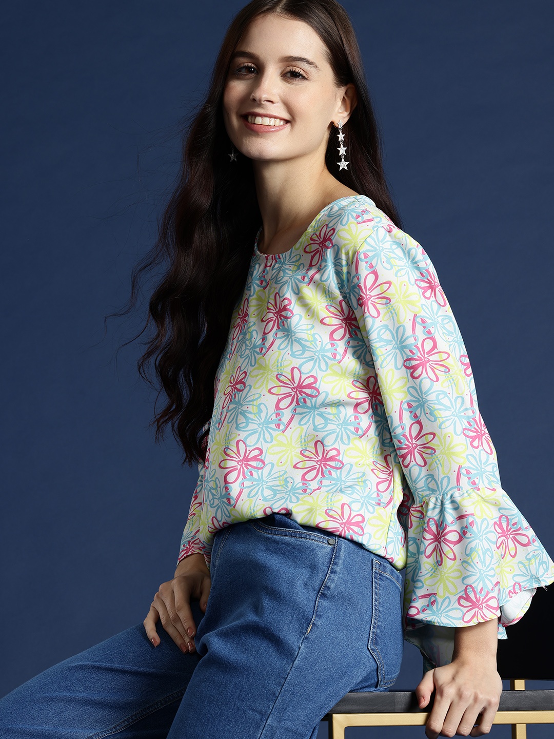 

Mast & Harbour Floral Print Bell Sleeve Crepe Top, Multi