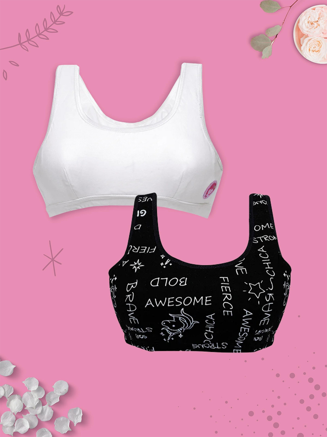 

DChica Girls Pack Of 2 Full Coverage All Day Comfort Non Padded Cotton Workout Bra, Black