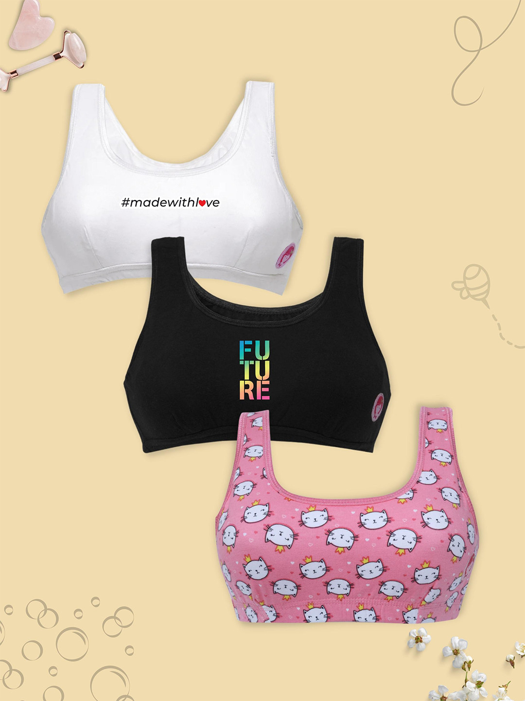 

DChica Girls Pack Of 3 Graphic Printed Full Coverage Bra, White