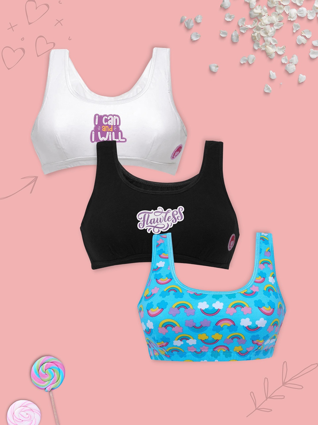 

DChica Girls Pack Of 3 Typography Printed Full Coverage Beginners Bra With All Day Comfort, Black