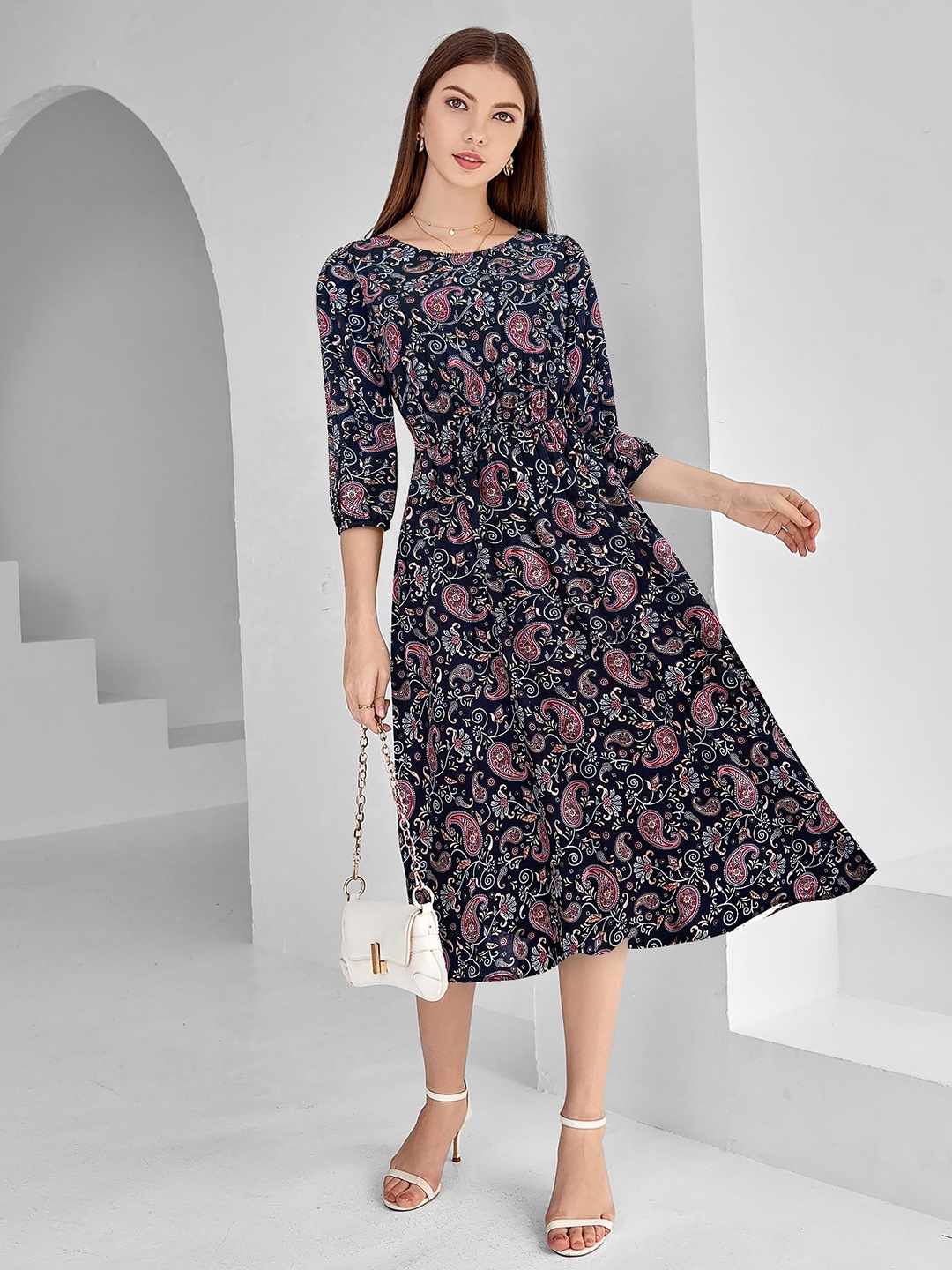 

KERI PERRY Paisley Printed Puffed Sleeves Gathered Fit & Flare Midi Dress, Navy blue