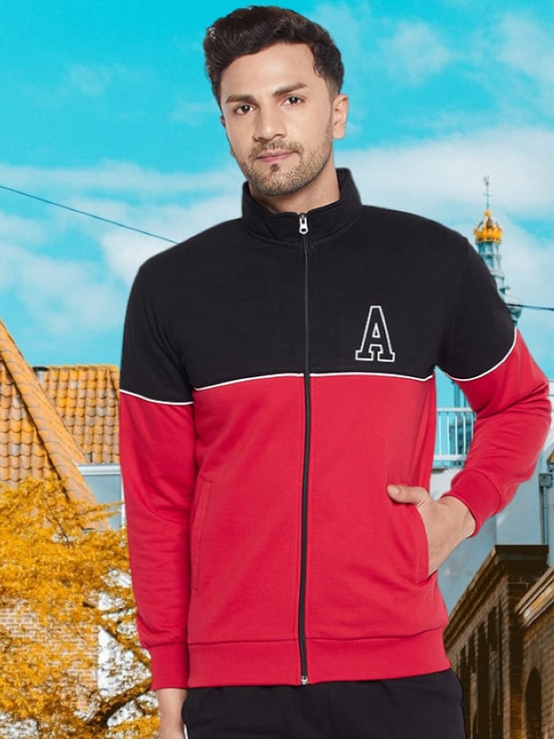 

WILD WEST Colourblocked Cotton Fleece Winter Tracksuit, Red