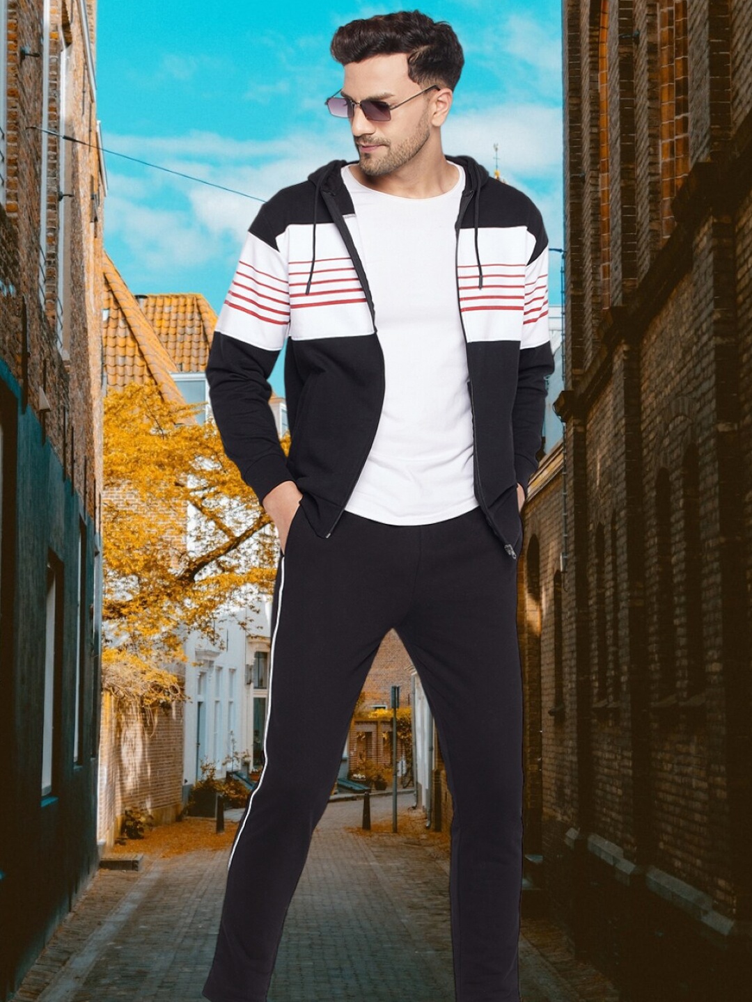 

WILD WEST Striped Hooded Zipper Set Cotton Fleece Tracksuits, Black