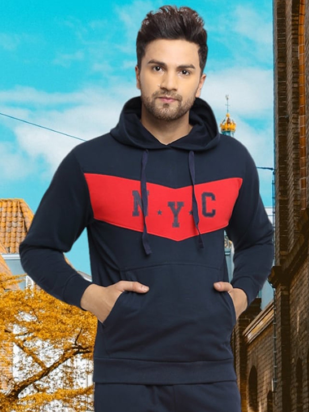 

WILD WEST Colourblocked Hooded Cotton Fleece Tracksuit, Navy blue