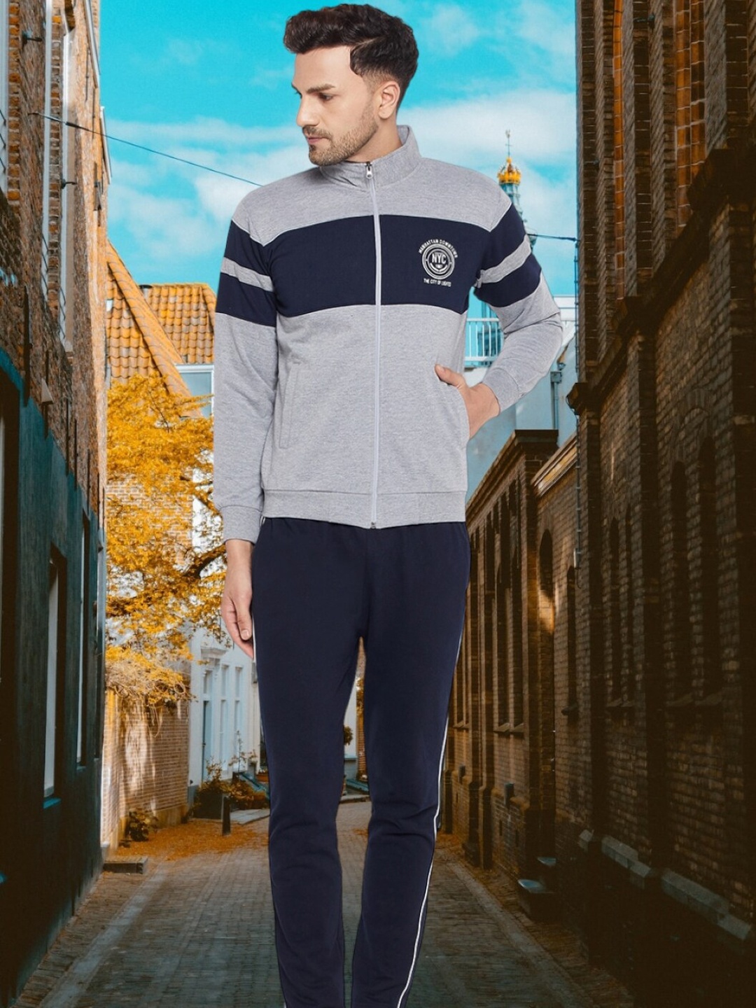 

WILD WEST Colourblocked Cotton Fleece Winter Tracksuit, Grey