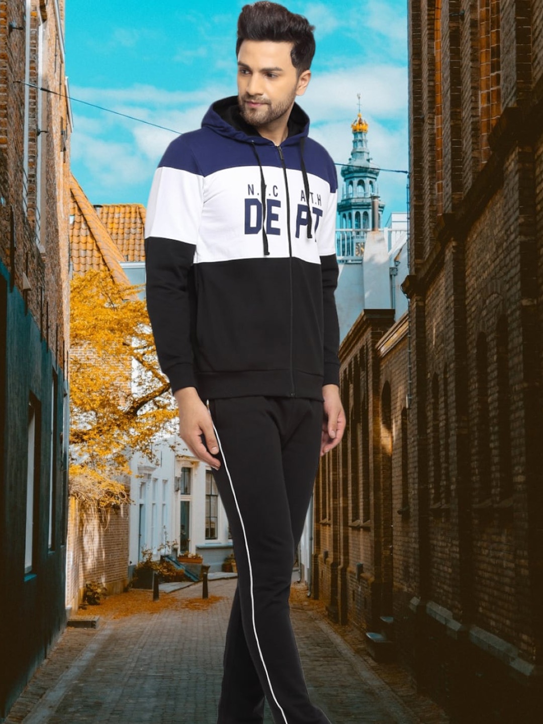 

WILD WEST Colourblocked Hooded Zipper Set Tracksuit, Blue