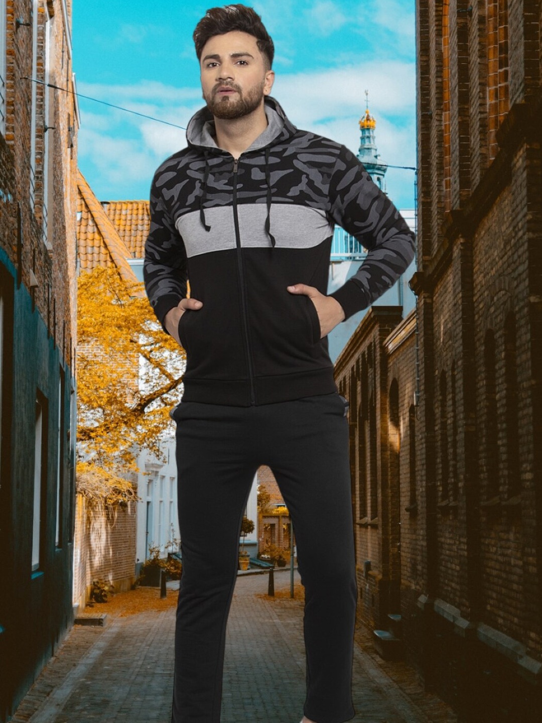 

WILD WEST Printed Cotton Fleece Hooded Zipper Set Tracksuits, Black