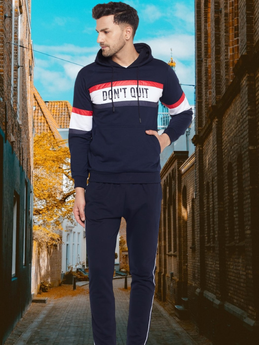 

WILD WEST Printed Cotton Fleece Hooded Tracksuits, Navy blue