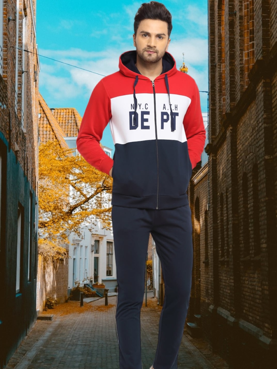 

WILD WEST Colourblocked Hooded Zipper Set Tracksuits, Red