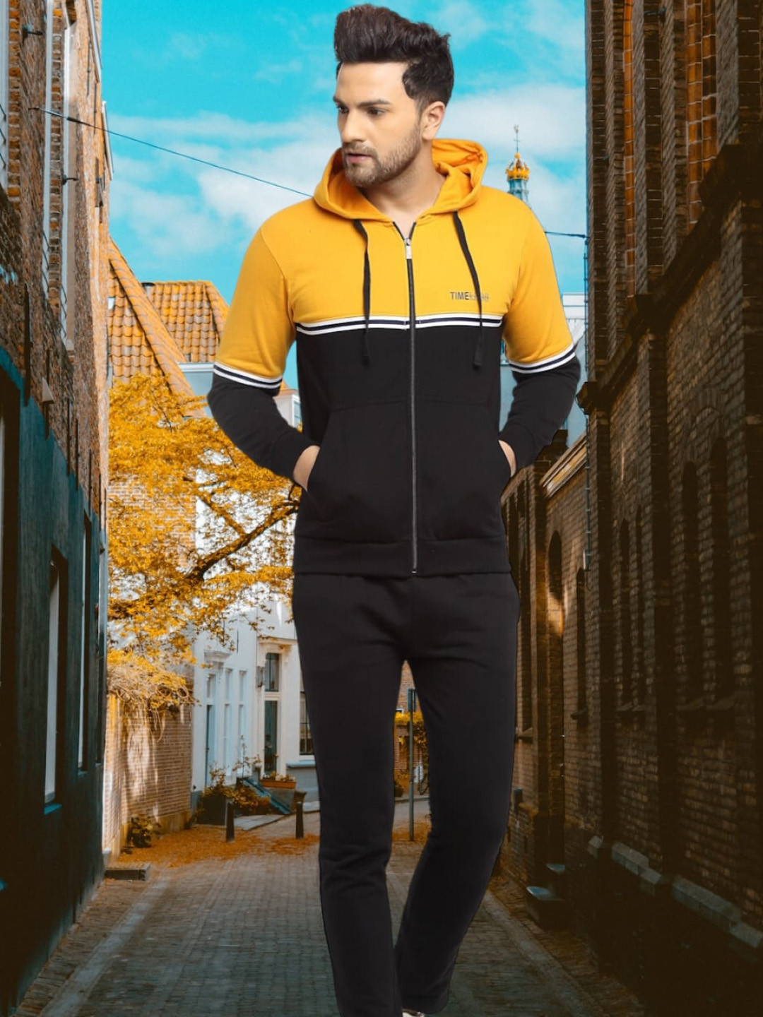 

WILD WEST Colourblocked Hooded Fleece Zipper Set Tracksuit, Yellow