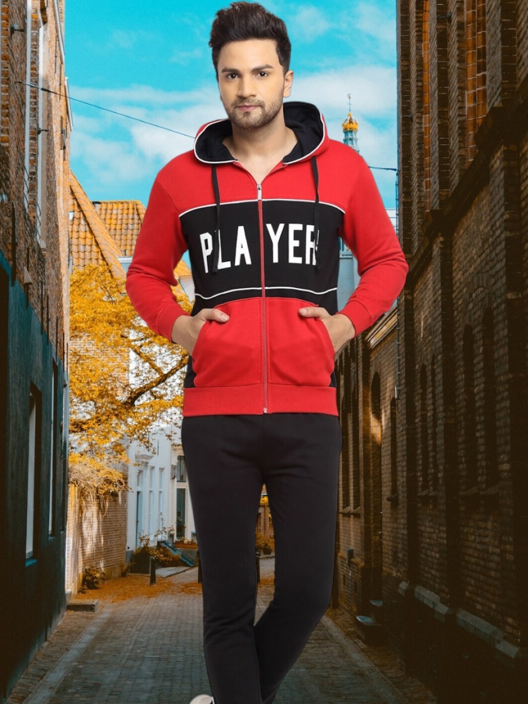 

WILD WEST Printed Cotton Fleece Hooded Tracksuits, Red