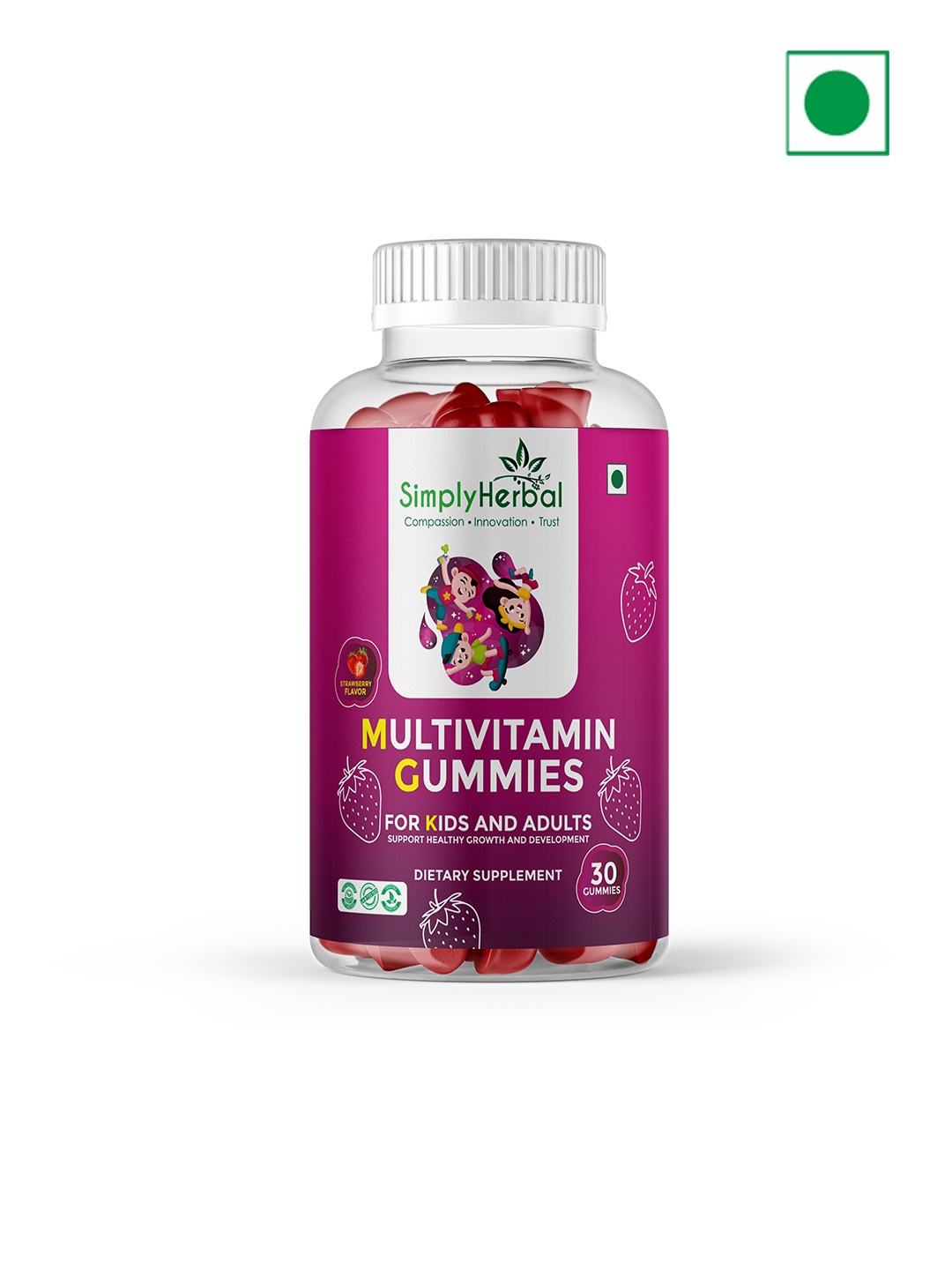 

Simply Herbal Multivitamin Strawberry Gummies For Kids & Adults Health Support- 30 Gummies, Purple