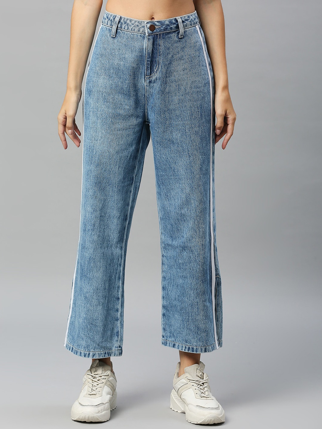 

Mast & Harbour Women Blue Wide Leg High-Rise Heavy Fade Side Stripes Cotton Jeans