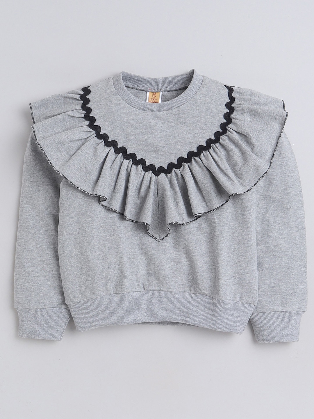 

AWW HUNNIE Girls Round Neck Long Sleeves Lace Inserts Cotton Pullover Sweatshirt, Grey