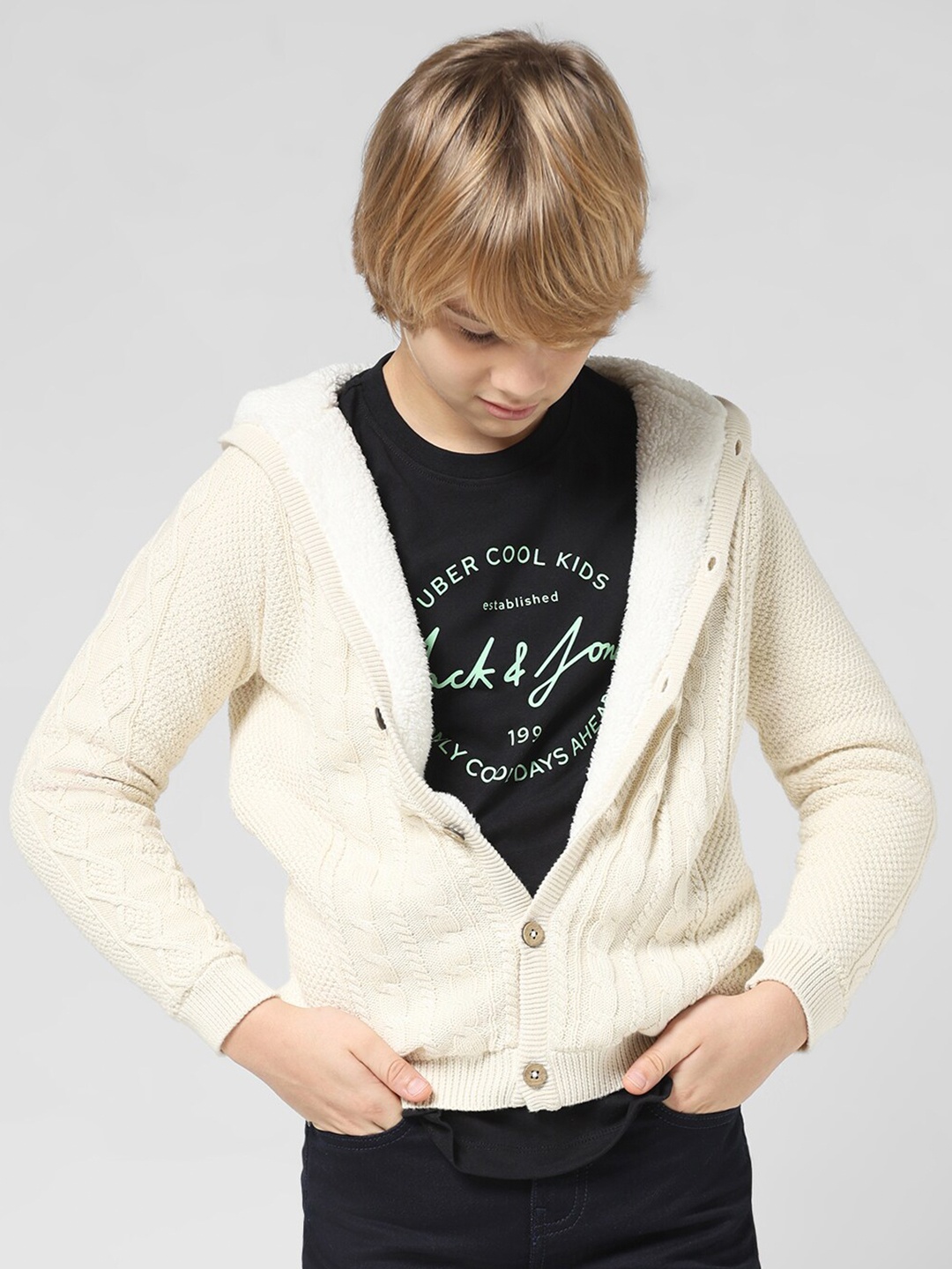 

Jack & Jones Junior Boys Hooded Cable Knit Pure Cotton Cardigan, Off white