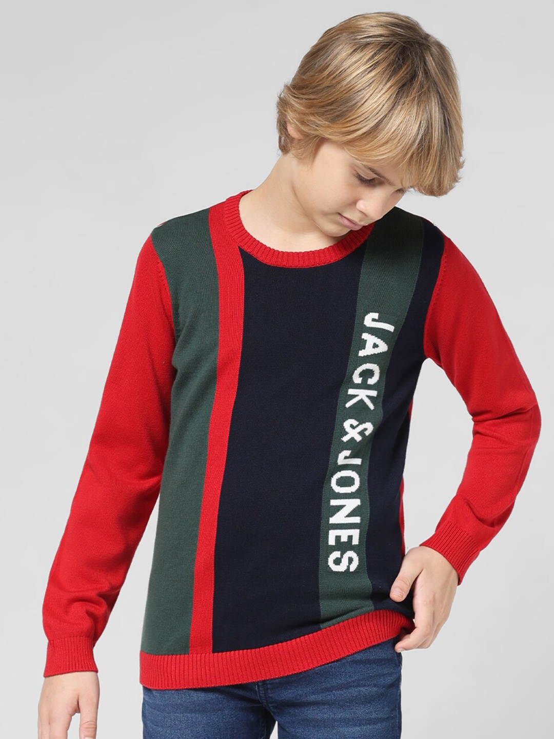 

Jack & Jones Junior Boys Colourblocked Round Neck Pure Cotton Pullover, Red