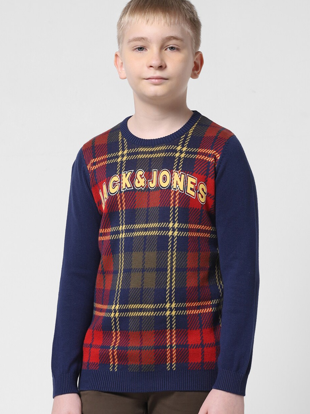 

Jack & Jones Junior Boys Checked Ribbed Pure Cotton Pullover, Navy blue