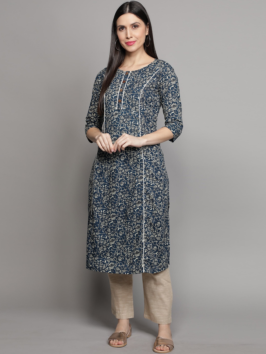 

Cot'N Soft Ethnic Motifs Printed Panelled Kurta, Navy blue