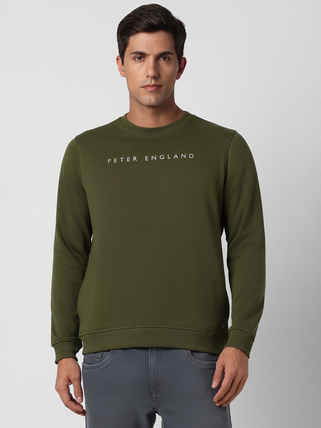 

Peter England Men Olive Green Printed Sweatshirt