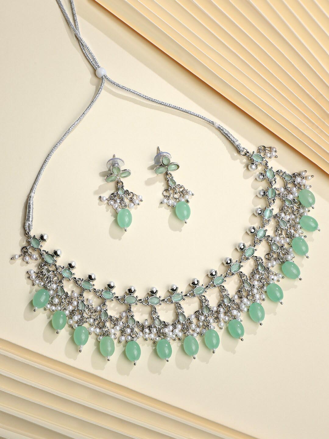 

ASMITTA JEWELLERY Rhodium-Plated Cubic Zirconia-Studded Necklace & Earrings, Green