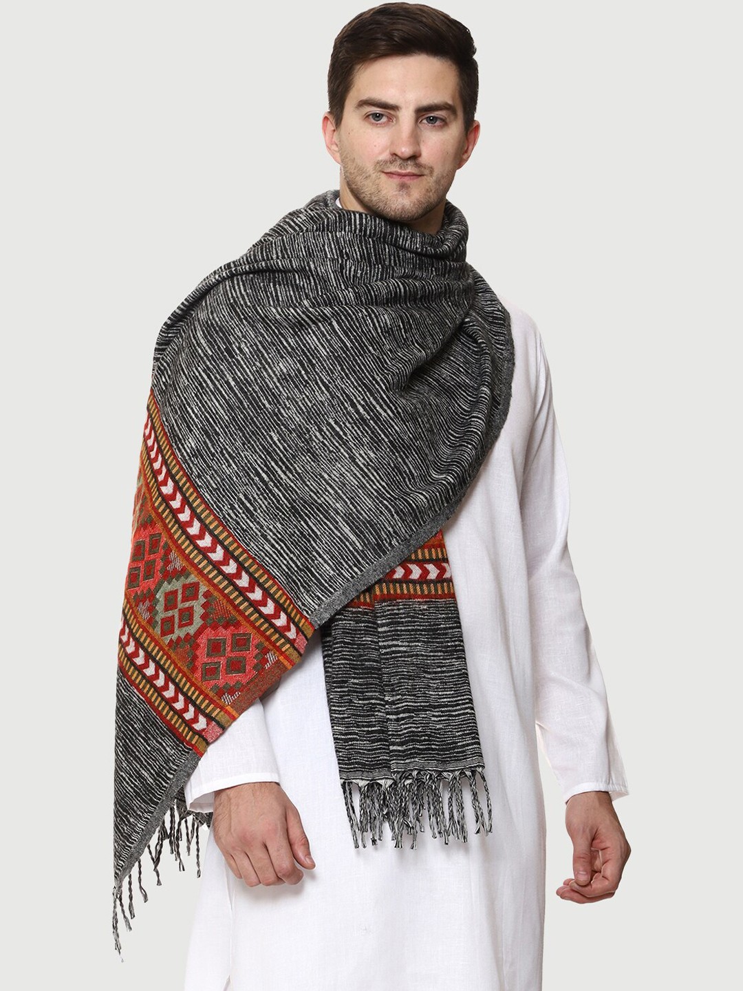 

WEAVERS VILLA Woven-Designed Woolen Shawl, Grey