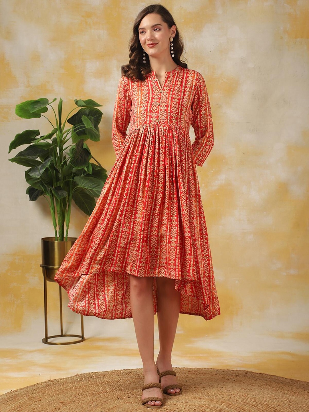 

Rangita Ethnic Motifs Printed Mandarin Collar A-Line Midi Ethnic Dress, Coral