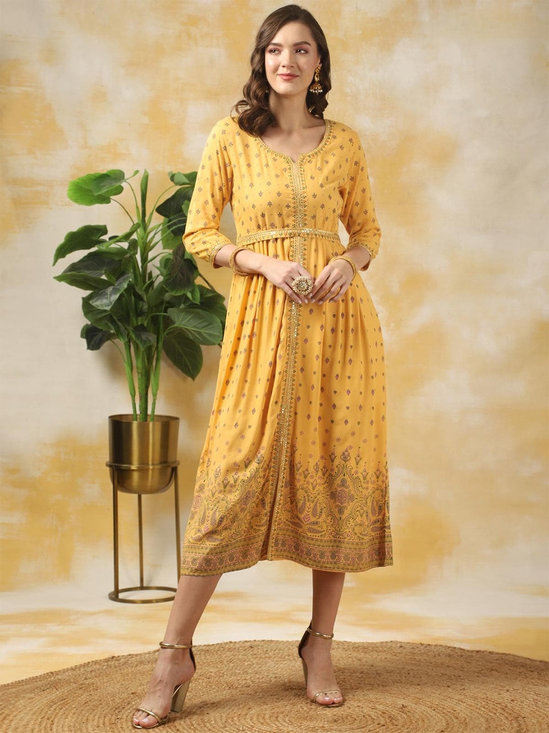 

Rangita Floral Printed Sequined A-Line Midi Ethnic Dress, Yellow