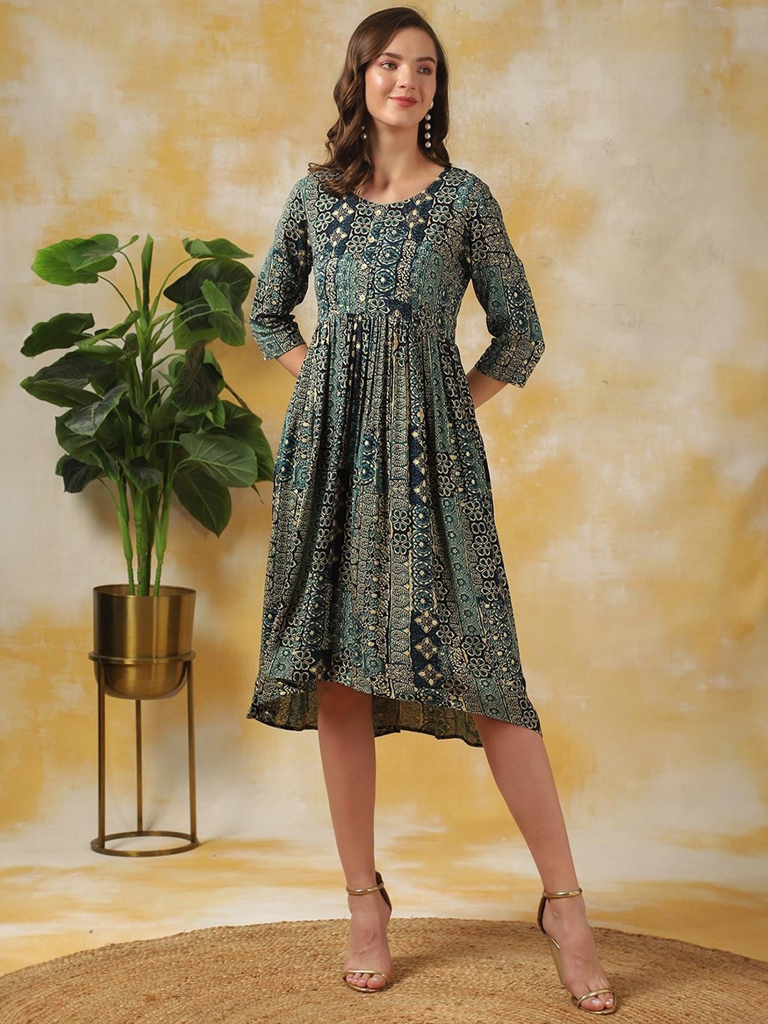 

Rangita Printed High-Low Fit and Flare Dress, Blue